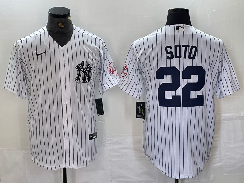 Men New York Yankees 22 Soto White Stripe Second generation joint name Nike 2024 MLB Jersey style 3